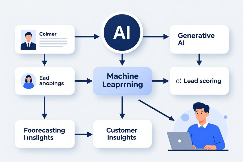 AI-powered CRM workflow showing lead scoring forecasting and customer insights