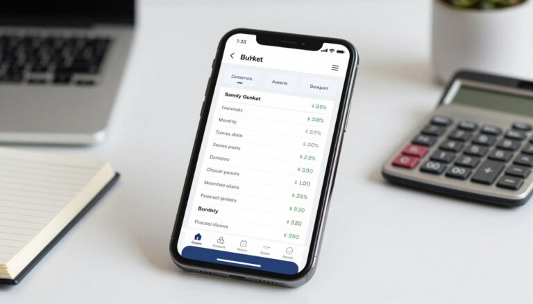 Best budgeting apps displayed on a smartphone beside a monthly budget