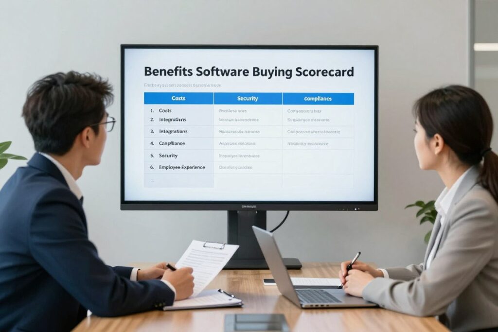 CFO and HR leader reviewing benefits software buying criteria