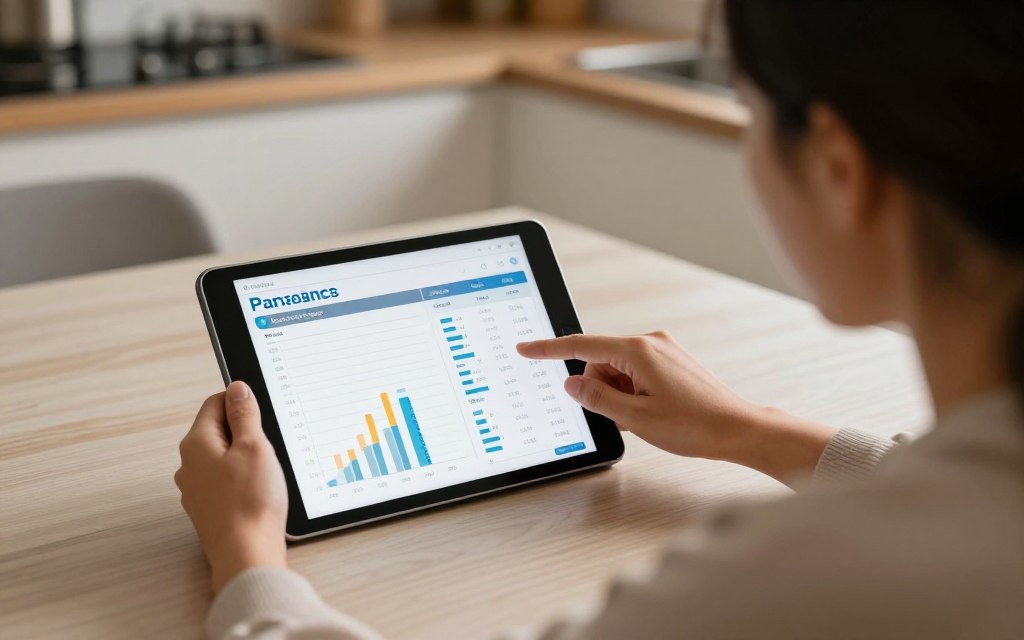 Couple reviewing a shared budgeting app and net worth dashboard
