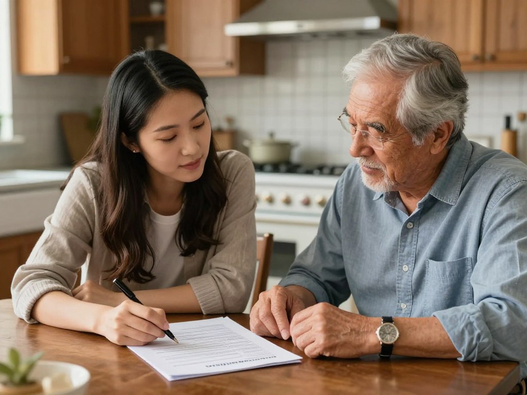 Family reviewing a final expense life insurance policy and beneficiary information