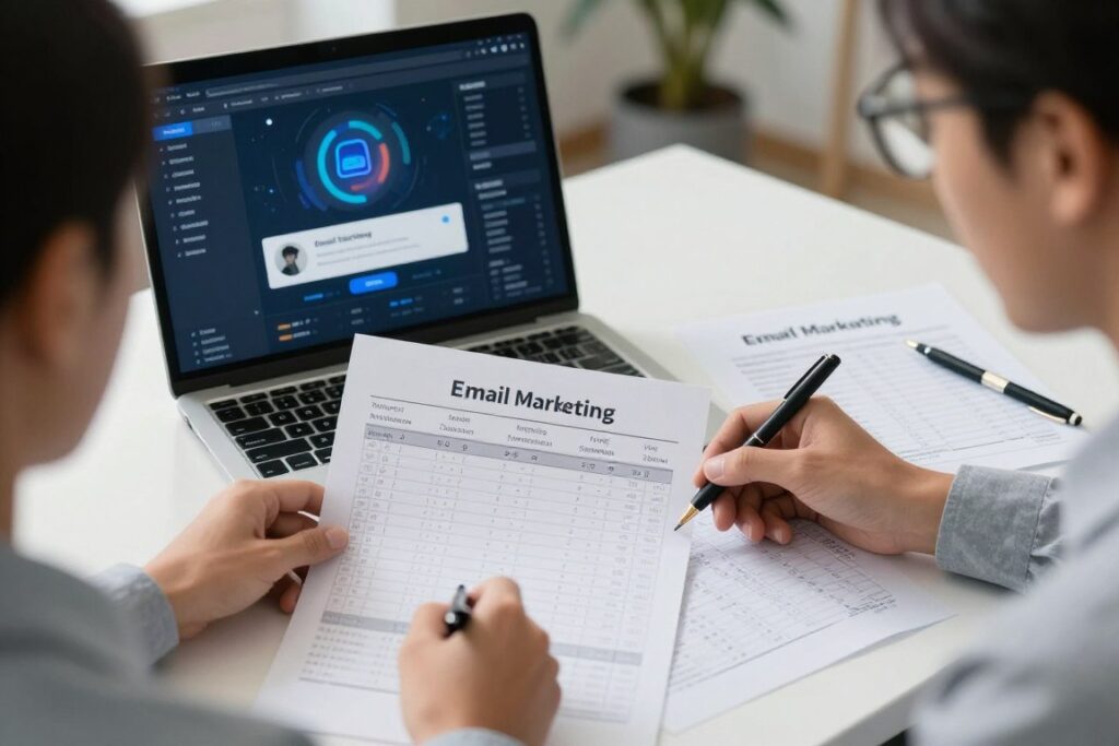 Marketing team evaluating email marketing tools with a structured scorecard Marketing team evaluating email marketing tools with a structured scorecard