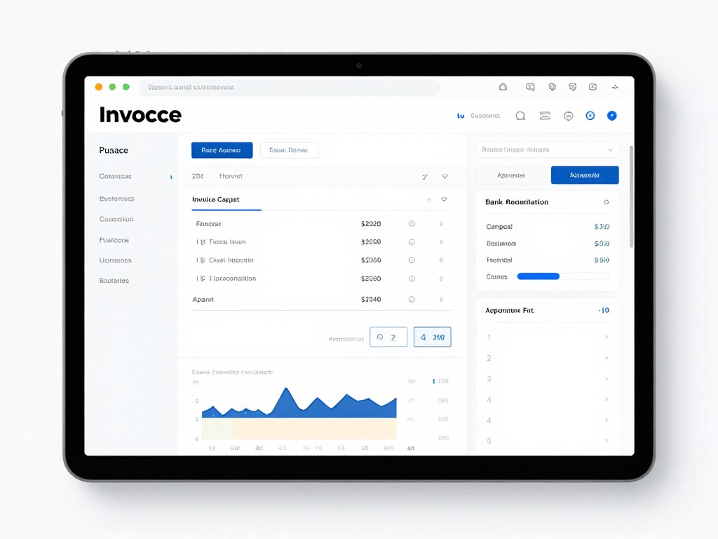 QuickBooks Online style accounting workflow with invoice and bank reconciliation panels