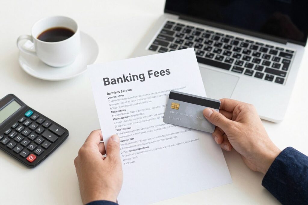 Small business owner comparing monthly fees and banking services