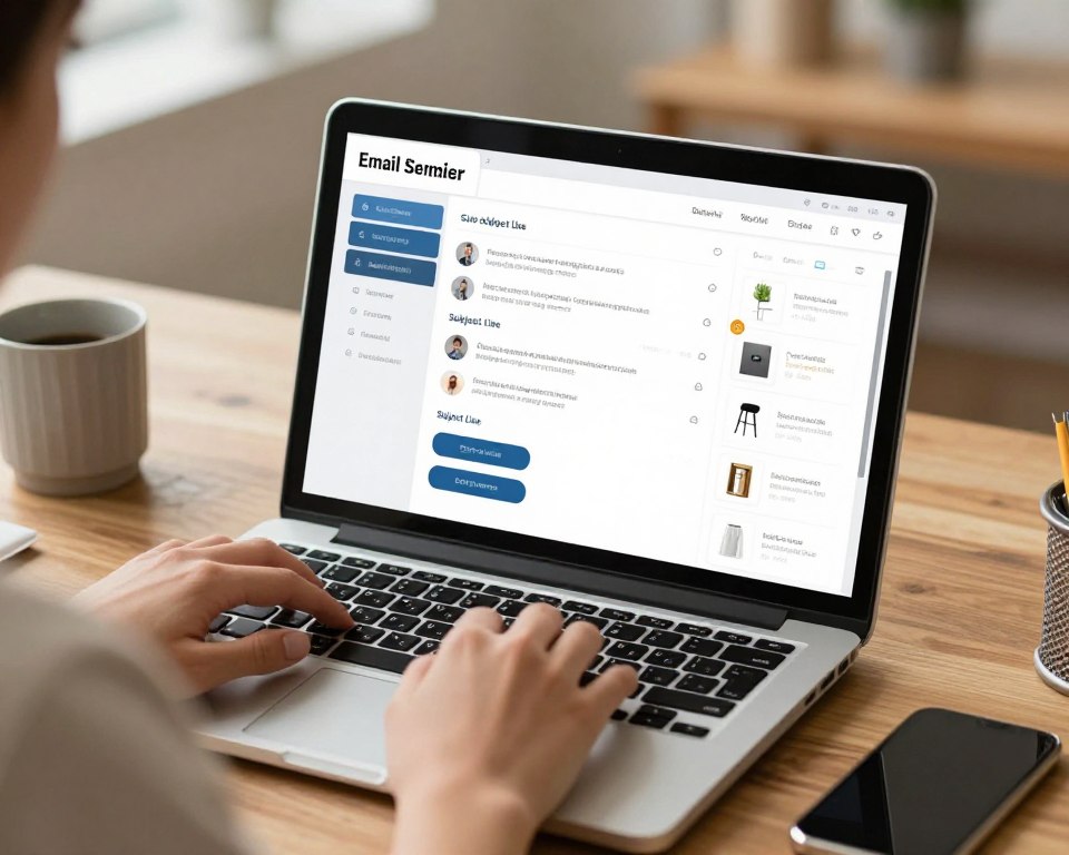 Small business owner creating an AI-assisted email campaign Small business owner creating an AI-assisted email campaign