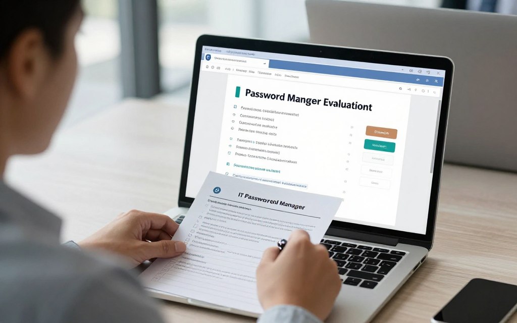 business buyer completing a password manager evaluation checklist business buyer completing a password manager evaluation checklist