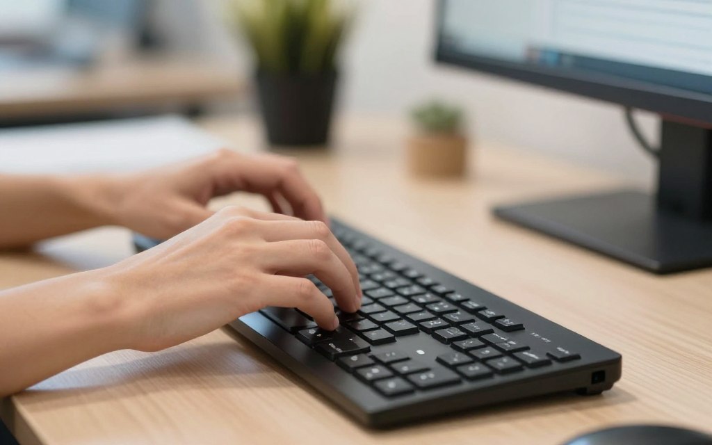 hands hovering lightly above ergonomic keyboard