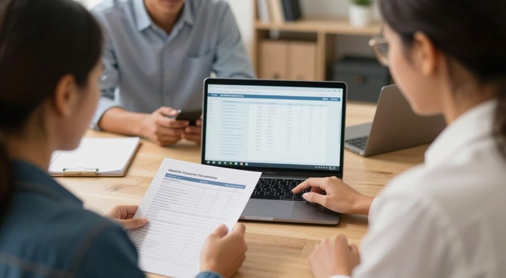 small business owner reviewing payroll and employee benefits software